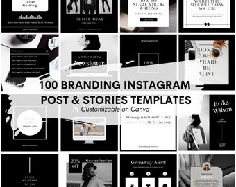 May include: A collage of 12 black and white Instagram post and story templates for branding. The templates feature text such as "Today Quotes", "Outfit Ideas", "How to Start a Blog Writing", "Do Something Today That Your Future Self Will Thank You For", "Just Launched My Newsletter", "Think", "Don't Be Afraid, Be Alive", "Let Your Inspire You", "I Lost My Heart to the Ocean", "20% Off New Collection", "Giveaway Alert!" and "Testimonial".