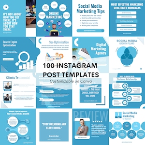 100 Instagram Templates | Digital Marketing Social Media Post Templates | Canva Templates | Social Medium Template | Blue | White