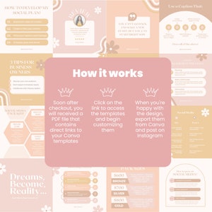 May include: A pink and white graphic design template for social media marketing. The template includes a title, "How to Develop My Social Plan?" and a list of steps. The template also includes a section on "3 Tips for Business Owners" and a section on "Social Media Packages".