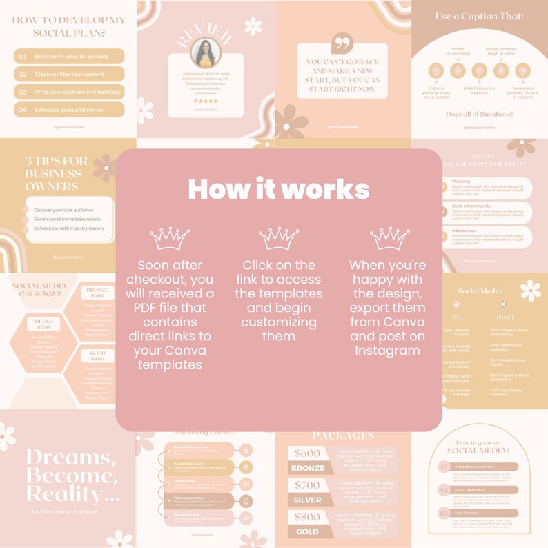 May include: A pink and white graphic design template for social media marketing. The template includes a title, "How to Develop My Social Plan?" and a list of steps. The template also includes a section on "3 Tips for Business Owners" and a section on "Social Media Packages".