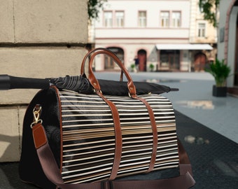 Striped Waterproof Weekender Bag | PU Leather Travel Duffle