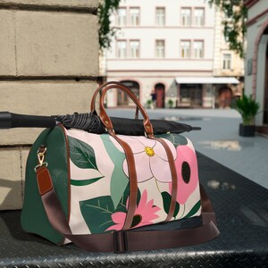 Sac de voyage de week-end fleur rose, sac de voyage, sac de sport, sac de voyage, fard à joues, beige, rose, crème, Mid-Century, vert et rose