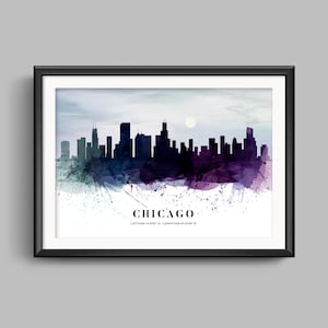 Chicago skyline poster, Chicago aquarel stadsgezicht, Chicago stadsgezicht poster, Chicago aquarel poster, Chicago poster, Chicago art print