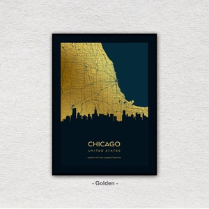 Chicago kaart print met skyline van de stad, Chicago kaart, stadskaart kunst, Chicago poster, Chicago skyline kaart, Chicago kaart poster, Chicago kaart kunst