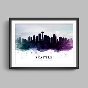 Seattle cityscape poster, Seattle watercolor skyline, Seattle skyline poster, Seattle watercolor poster, Seattle poster, Seattle art print