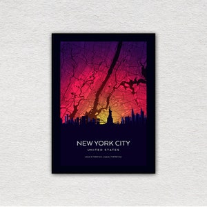 New York kaart print met skyline van de stad, New York kaart, stad kaart kunst, New York poster, New York giclée print, New York skyline poster, kaart kunst