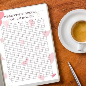 May include: A printable perimenopause period and symptom tracker with a grid for each month of the year. The tracker is decorated with pink hearts and flowers.