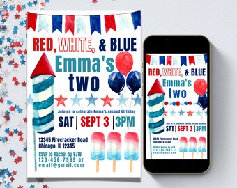 Red White & Two Bundle, Labor Day BBQ Invitation, 2nd Birthday Invite, Labor Day Invitation, BBQ Birthday Invitation, Labor Day Invite