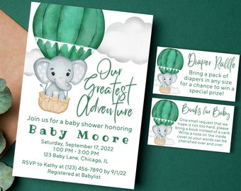 Elephant Baby Shower Invitation Boy | Books for Baby Insert | Elephant Diaper Raffle Ticket | Hot Air Balloon Nursery
