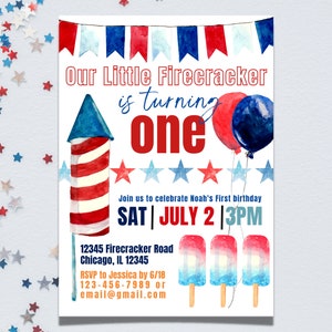 Our Little Firecracker is Turning One Invitation, Fourth of July Invitation, Fourth of July Party Decor, 4th of July First Birthday