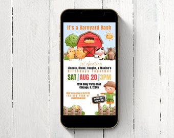 Plantilla de invitación digital de cumpleaños de granja, cumpleaños de animales de granja moderno, invitación de niño de corral, fiesta de animales de granero, invitación a cumpleaños de niño de rancho
