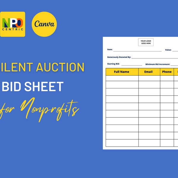 Silent Auction Bid Sheet | Nonprofit Event Bid Sheet | Fundraising | Canva Template