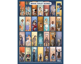 Poster " Movie Toilet Scenes ", Affiche 30 x 40 cm imprimée sur papier pour Décoration Murale, Les scènes cultes du cinéma aux Toilettes !