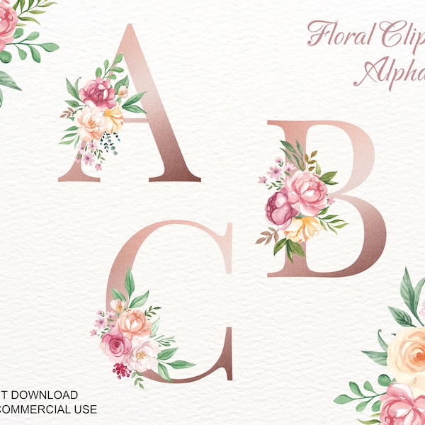 Clipart alfabeto floreale acquerello, iniziali monogramma PNG, lettere Boho, numeri floreali primaverili, decorazioni per matrimoni, mockup