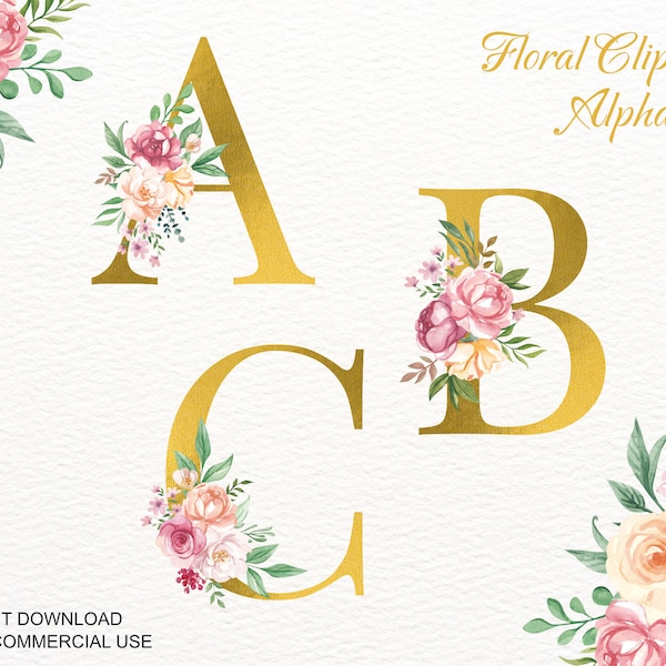 Watercolor Floral Alphabet Clipart, Monogram Initials PNG, Boho Letters, Spring Floral Numbers, Wedding Decor, Mockups Gold