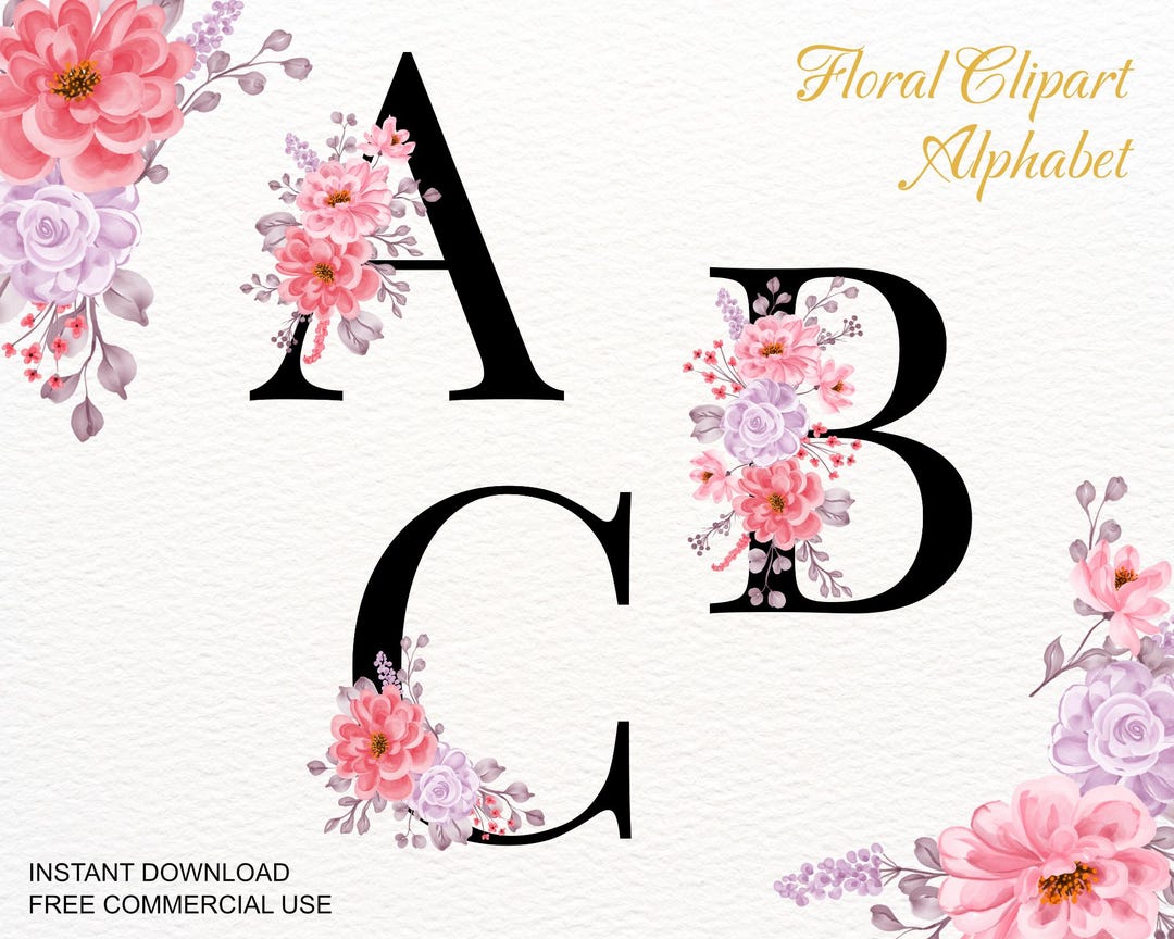 Watercolor Floral Alphabet Clipart, Monogram Initials PNG, Boho Letters ...