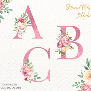 Clipart alphabet floral aquarelle, paillettes roses, initiales monogramme PNG, lettres bohèmes, chiffres floraux printaniers, décoration de mariage, maquettes