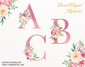 Può includere: Lettere A, B e C di glitter rosa con decorazioni floreali. Le lettere sono decorate con fiori rosa, bianchi e gialli.  Alfabeto di clipart floreale.