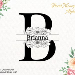 Alfabeto floral con borde dividido, iniciales de monograma, png, jpg, svg, letras boho, paquete, imágenes prediseñadas de flores, maquetas, negro, 002