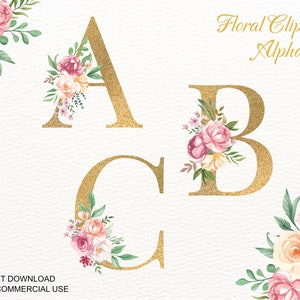 Alfabeto floral de acuarela, clipart, purpurina dorada, iniciales de monograma PNG, letras bohemias, números florales de primavera, decoración de bodas, maquetas doradas