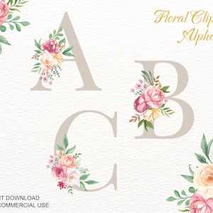 水彩花柄アルファベット クリップアート、モノグラム イニシャル PNG、ボヘミアン レター、春の花柄数字、ウェディング デコレーション、モックアップ