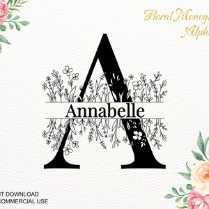 Alfabeto floral con borde dividido, iniciales de monograma, png, jpg, svg, letras boho, paquete, imágenes prediseñadas de flores, maquetas, negro, 001