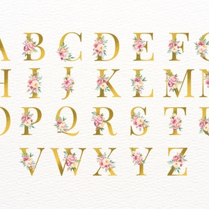Pu&ograve; includere: Lettere dell'alfabeto dorate con accenti floreali rosa e bianchi. Ogni lettera &egrave; decorata con un gruppo di fiori.