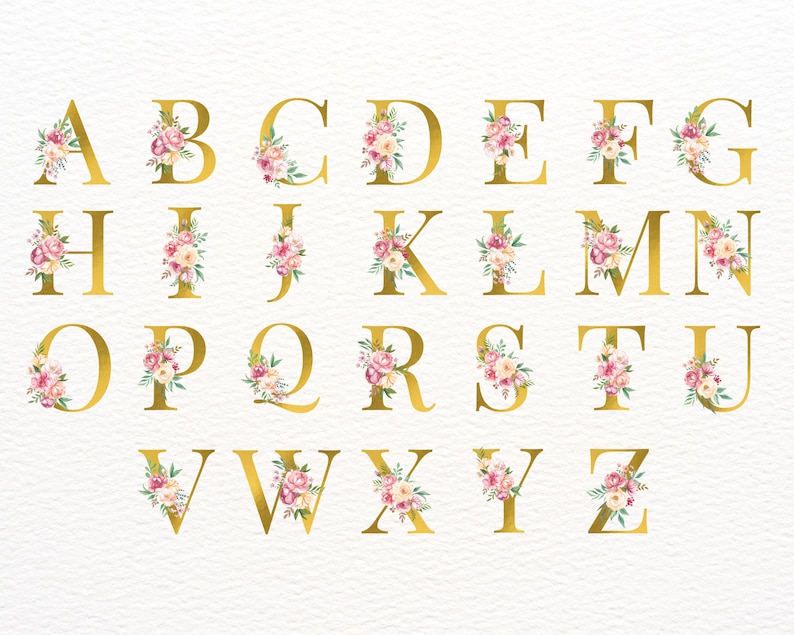 Pu&ograve; includere: Lettere dell'alfabeto dorate con accenti floreali rosa e bianchi. Ogni lettera &egrave; decorata con un gruppo di fiori.