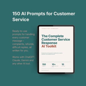 Könnte beinhalten: Ein digitales Tablet zeigt ein Dokument mit dem Titel The Complete Customer Service Response AI Toolkit, das 150 Vorlagen für den Kundenservice enthält. Der Bildschirm zeigt Text zur Nachrichtenbearbeitung und KI-Tool-Kompatibilität.