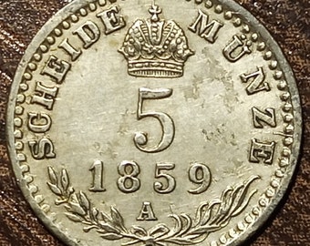 1859 Austria Silver 5 Kreuzer Full bold date!