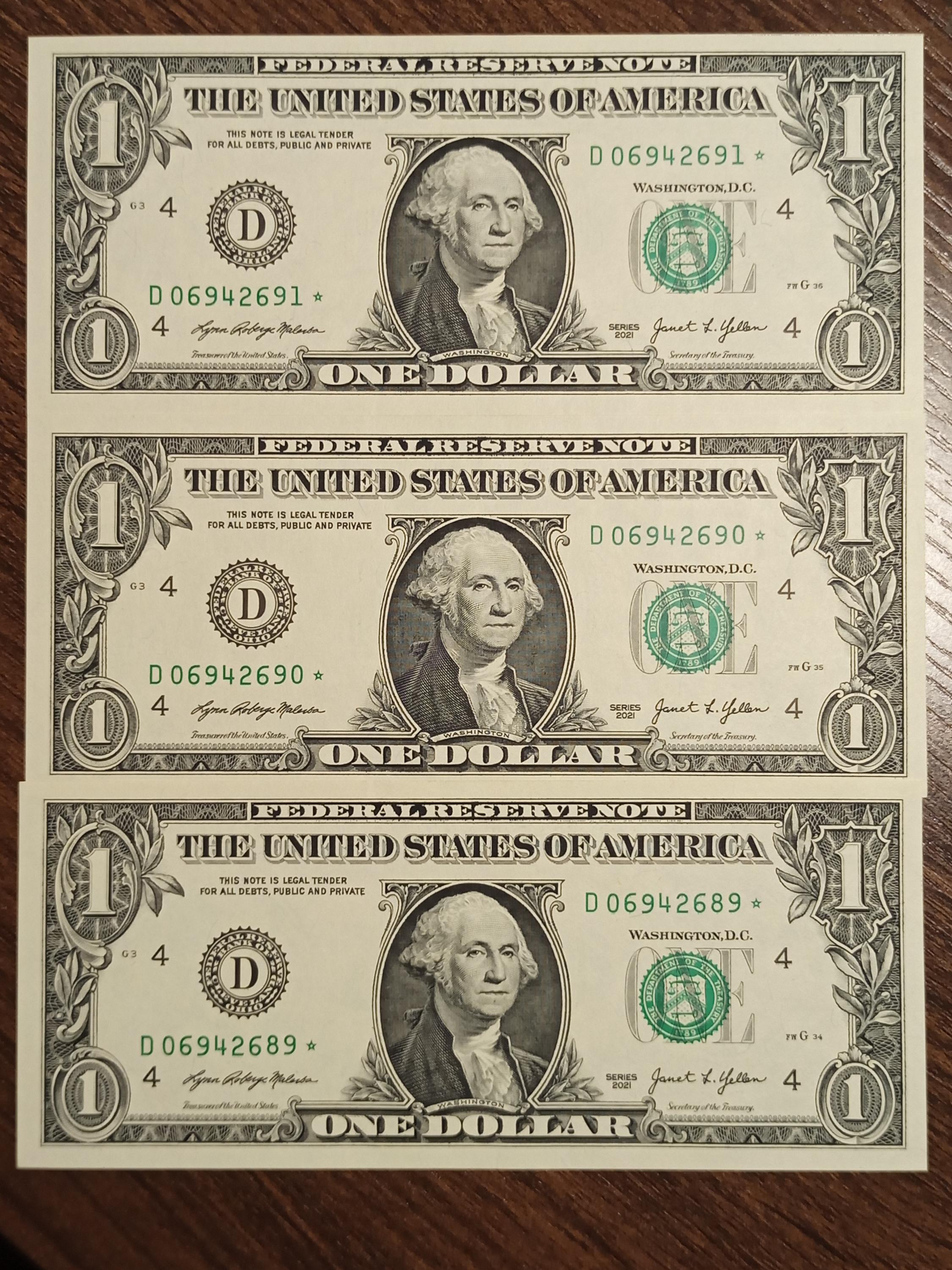2021 Usa Dollars Consecutive Star Notes Crisp Uncirculated Banknotes