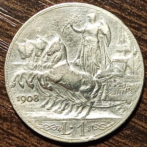 1908 Italy Silver 1 Lire Rare Full bold date!