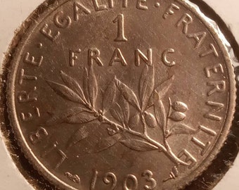 1903 France Silver One Franc Brilliant Coin!