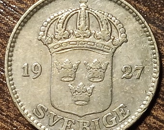 1927 Sweden Silver 25 Ore Full bold date!