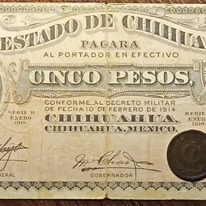 1915 Mexico 5 Peso & Centavos Currency Coin Full bold dates!