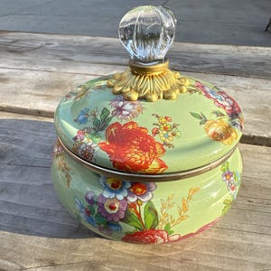 Mackenzie Child's Green Flower Market Squashed Enamel Metal Pot Retired