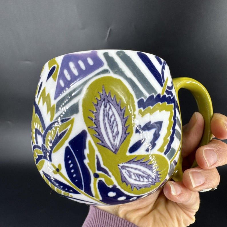 Set Of 2 Anthropologie Artistic BOHO Green and Blue Ceramic Mugs Coffee Tea Cups image 6