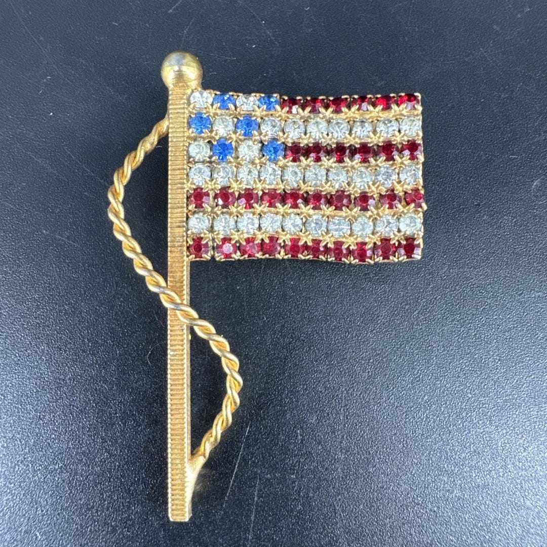 Vintage US American Flag Rhinestone Red White Blue Gold Tone Pin Brooch ...