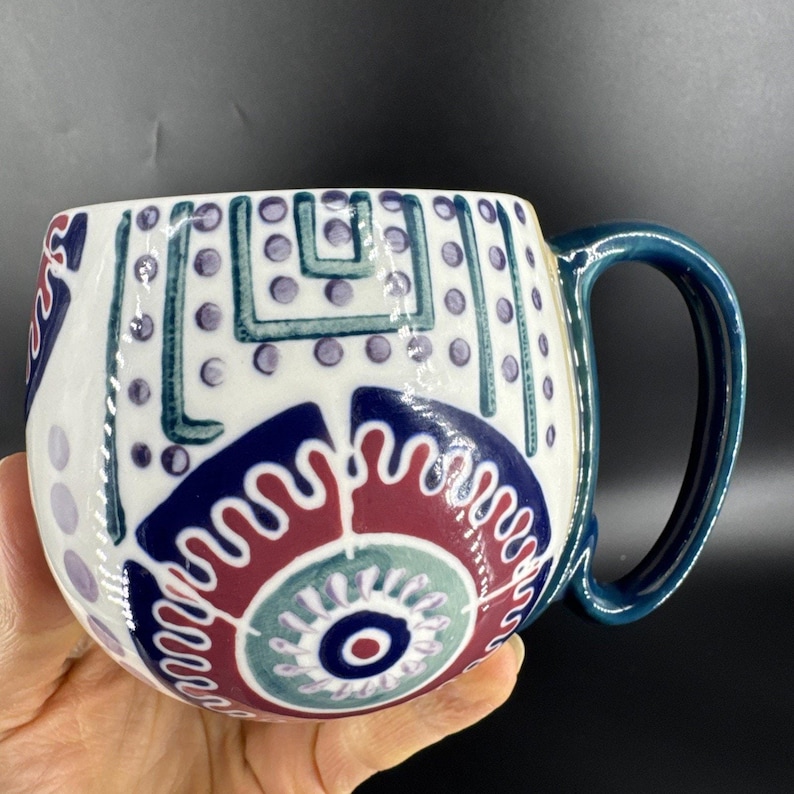 Set Of 2 Anthropologie Artistic BOHO Green and Blue Ceramic Mugs Coffee Tea Cups image 9