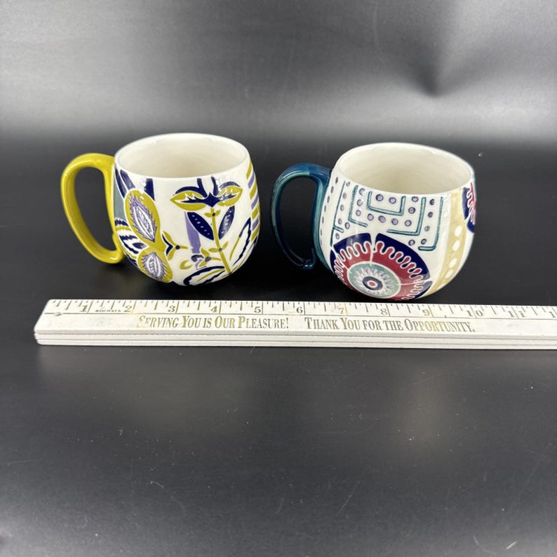 Set Of 2 Anthropologie Artistic BOHO Green and Blue Ceramic Mugs Coffee Tea Cups image 10