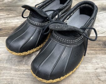 Stivali L.L.Bean Rubber Moc Duck a profilo basso, in pelle nera con suola in gomma, taglia da donna 9 M.