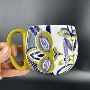 Set Of 2 Anthropologie Artistic BOHO Green and Blue Ceramic Mugs Coffee Tea Cups image 4