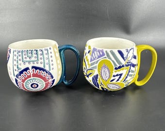 Set Of 2 Anthropologie Artistic BOHO Green and Blue Ceramic Mugs Coffee Tea Cups