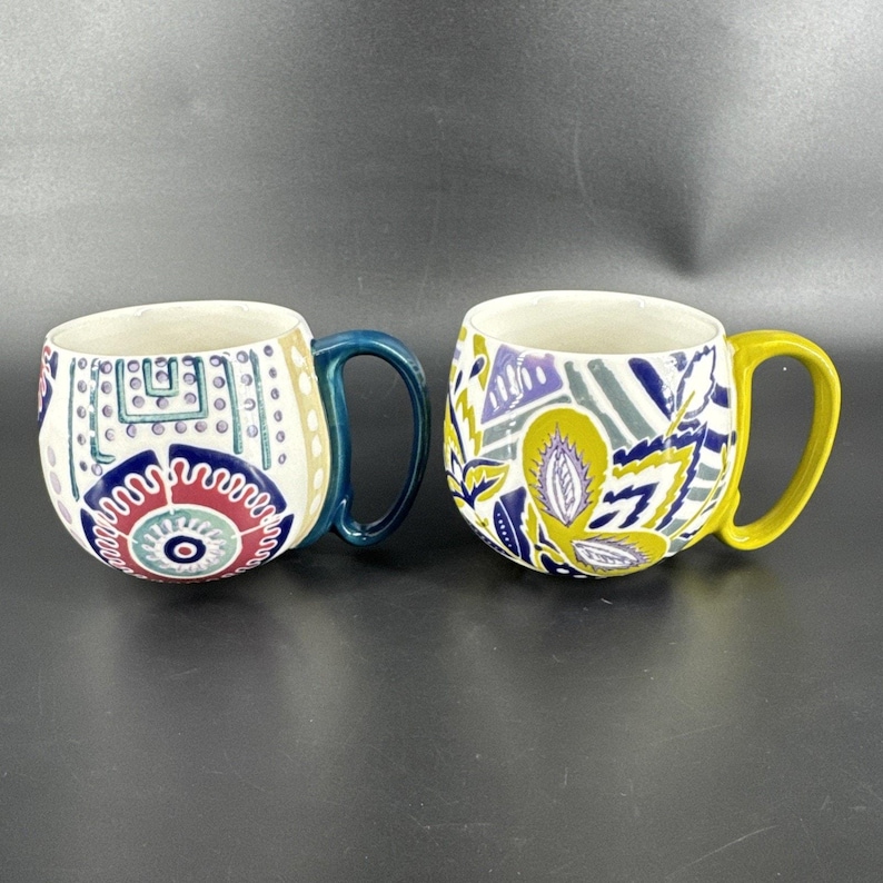 Set Of 2 Anthropologie Artistic BOHO Green and Blue Ceramic Mugs Coffee Tea Cups image 1