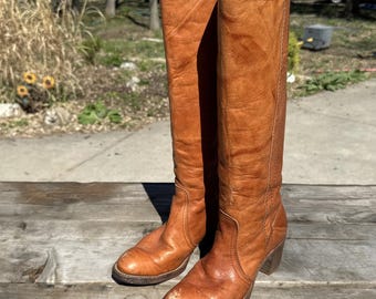 Vtg 70s FRYE Black Label Campus Boots 8587 Saddle Tan Leather 6.5 B, 8J27362 USA