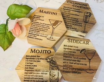Laser Engraved Cocktail Recipe Wooden Coasters (Set of 4)