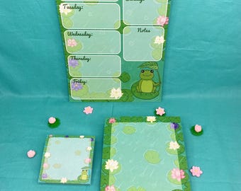 Rainy Day Frog Notepad Bundle, Frog Stationery Set, Cute Frog Weekly Planner, Cozy Frog Notepad, Kawaii Frog Sticky Notes, Cottagecore