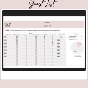 以下が含まれることがあります： 「Guest List」というタイトルが筆記体で書かれたデジタルゲストリストテンプレート。ゲスト名、イベントの種類、招待状況、住所のセクションがあり、円グラフの概要も含まれています。