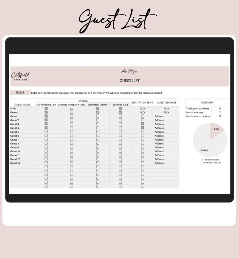 以下が含まれることがあります： 「Guest List」というタイトルが筆記体で書かれたデジタルゲストリストテンプレート。ゲスト名、イベントの種類、招待状況、住所のセクションがあり、円グラフの概要も含まれています。