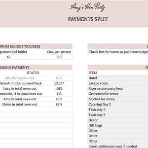 Pu&ograve; includere: Un foglio di calcolo intitolato "Amy's Hen Party PAYMENTS SPLIT" con un'intestazione rosa chiaro. Il documento elenca i dettagli dei pagamenti, inclusi nomi, importi pagati e articoli acquistati come hotel e catering.
